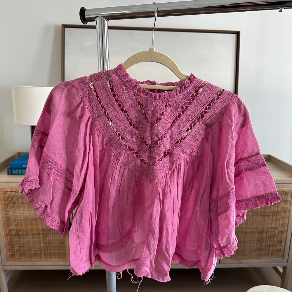 Free People Pink Ruffled Flutter Sleeve Blouse